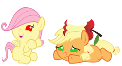 Size: 1886x1017 | Tagged: safe, artist:red4567, applejack, fluttershy, bat pony, pony, apple core, applecore (fruit), baby, baby pony, babybat, babyjack, babyshy, cute, flutterbat, foal, jackabetes, shyabates, shyabetes