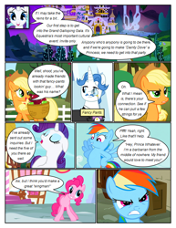 Size: 612x792 | Tagged: safe, artist:newbiespud, derpibooru import, edit, edited screencap, screencap, applejack, fancypants, pinkie pie, rainbow dash, earth pony, pegasus, pony, unicorn, comic:friendship is dragons, angry, apple, bipedal, bowtie, canterlot, clothes, comic, dialogue, eyes closed, female, food, freckles, gritted teeth, hat, male, mare, monocle, saddle basket, screencap comic, smiling, stallion, suit, tree