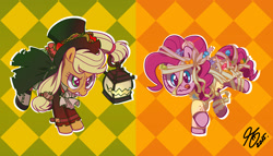 Size: 1177x674 | Tagged: safe, artist:sennishi, applejack, pinkie pie, earth pony, pony, candy, clothes, costume, dress, food, halloween, lantern, nightmare night, pixiv, tongue out