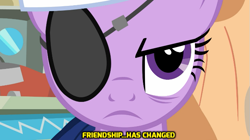 Size: 719x404 | Tagged: safe, derpibooru import, screencap, twilight sparkle, caption, eyepatch, konami, metal gear, metal gear solid 4, solo, yellow text