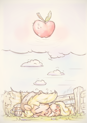 Size: 960x1358 | Tagged: safe, artist:assasinmonkey, applejack, earth pony, pony, apple, apple cider, cloud, cowboy hat, cup, cute, daaaaaaaaaaaw, dream, fence, food, freckles, hat, hay bale, hnnng, jackabetes, open mouth, sky, sleeping, solo, stetson, that pony sure does love apples