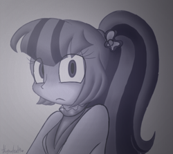 Size: 1024x912 | Tagged: safe, artist:queentigrel, sonata dusk, equestria girls, monochrome, shocked, solo