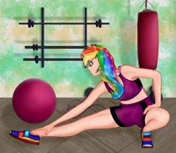 Size: 3916x3408 | Tagged: safe, artist:leneon, derpibooru import, rainbow dash, human, equestria girls, female, human coloration, humanized, legs, solo, stretching, thighs