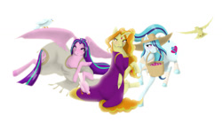 Size: 1200x662 | Tagged: source needed, safe, artist:theigi, adagio dazzle, aria blaze, sonata dusk, fanfic:we are what we are, fanfic, fanfic art, ponified, the dazzlings