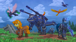 Size: 2500x1407 | Tagged: safe, artist:1jaz, carrot top, golden harvest, philomena, princess celestia, oc, oc:flint, alicorn, earth pony, phoenix, pony, robot, unicorn, crossover, female, flying, glowing horn, goggles, gun, machine, magic, male, mare, stallion, weapon, zoids