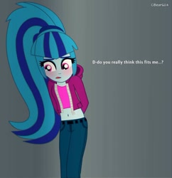 Size: 600x621 | Tagged: safe, artist:cbear624, sonata dusk, equestria girls, belly button, blushing, dialogue, midriff, solo