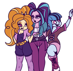 Size: 814x793 | Tagged: safe, artist:mayde-m, adagio dazzle, aria blaze, sonata dusk, equestria girls, cleavage, clothes, female, fingerless gloves, gloves, open mouth, simple background, skirt, smiling, the dazzlings, transparent background, waving