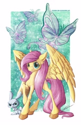 Size: 3300x5100 | Tagged: safe, artist:jessicavernell, angel bunny, fluttershy, butterfly, pegasus, pony, absurd resolution, raised hoof, spread wings