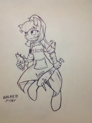 Size: 956x1280 | Tagged: safe, artist:macheteponies, sonata dusk, anthro, unguligrade anthro, apron, clothes, club, monochrome, taco, traditional art, weapon