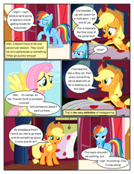 Size: 612x792 | Tagged: safe, artist:newbiespud, derpibooru import, edit, edited screencap, screencap, applejack, fluttershy, rainbow dash, earth pony, pegasus, pony, comic:friendship is dragons, barn, bed, book, comic, dialogue, eyes closed, female, freckles, hat, mare, raised hoof, reading, screencap comic, smiling, worried