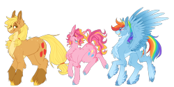 Size: 1600x800 | Tagged: safe, artist:animatorfun, derpibooru import, applejack, pinkie pie, rainbow dash, earth pony, pegasus, pony, cutie mark, eyes closed, fangs, feathered fetlocks, female, open mouth, redesign, simple background, smiling, spread wings, transparent background, unshorn fetlocks, wings