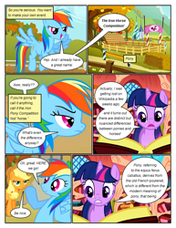 Size: 612x792 | Tagged: safe, artist:newbiespud, derpibooru import, edit, edited screencap, screencap, applejack, rainbow dash, twilight sparkle, unicorn twilight, earth pony, pegasus, pony, unicorn, comic:friendship is dragons, fall weather friends, book, comic, dialogue, female, flying, freckles, golden oaks library, hat, mare, reading, screencap comic, shrug, unamused