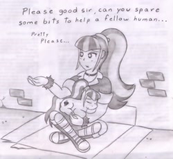 Size: 1459x1334 | Tagged: safe, artist:poseidonathenea, sonata dusk, equestria girls, begging, dialogue, hobo, homeless, human ponidox, monochrome, ponidox world, ponified, poverty, self ponidox, traditional art