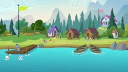 Size: 1920x1080 | Tagged: safe, screencap, applejack, coloratura, nature walk, shady blues, earth pony, pony, the mane attraction, cabin, camp friendship, canoe, filly, lavandula, outhouse, paige (character), russell, soft ice, summer joy, swimming, trailhead, unnamed pony, wild card