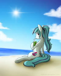 Size: 1024x1280 | Tagged: safe, artist:zoarvek, sonata dusk, equestria girls, beach, equestria girls ponified, juice box, looking back, newbie artist training grounds, ponified, sitting, solo