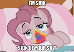 Size: 704x500 | Tagged: safe, edit, edited screencap, screencap, pinkie pie, earth pony, pony, 28 pranks later, cookie zombie, image macro, meme, solo, vulgar