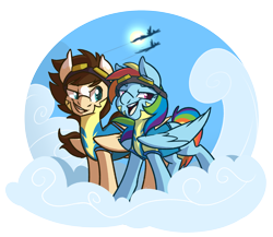 Size: 2556x2214 | Tagged: safe, artist:modularpon, derpibooru import, rainbow dash, oc, oc:skittle, pegasus, pony, canon x oc, clothes, cloud, commission, female, male, on a cloud, shipping, simple background, skidash, smiling, standing on cloud, straight, transparent background, uniform, wonderbolts uniform