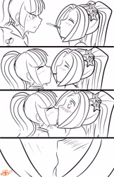 Size: 3369x5200 | Tagged: safe, artist:xxxsketchbookxxx, aria blaze, sonata dusk, equestria girls, arisona, comic, female, kissing, lesbian, monochrome, partial color, pocky, pocky game, sharing food, shipping