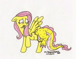 Size: 1024x790 | Tagged: safe, artist:skywalkergirl666, part of a set, fluttershy, dragon, pegasus, pony, dragonified, flutterdragon, scared, simple background, solo, species swap, traditional art, transformation