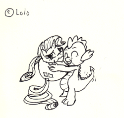 Size: 1228x1171 | Tagged: safe, artist:scoots-buragi, rarity, spike, pony, unicorn, ball, female, hilarious in hindsight, male, monochrome, objectification, rariball, shipping, sparity, straight, tail, tailboner, traditional art