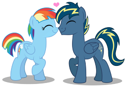 Size: 4216x2919 | Tagged: safe, artist:aleximusprime, derpibooru import, rainbow dash, oc, oc:thunderhead, pegasus, pony, flurry heart's story, alternate hairstyle, canon x oc, couple, cute, eyes closed, female, floating heart, heart, husband and wife, love, male, mare, married, nose rub, older, pegasus oc, shipping, short hair, shorter hair, simple background, smiling, stallion, straight, transparent background, wings