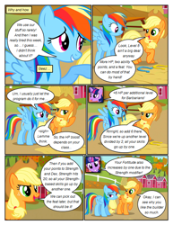 Size: 612x792 | Tagged: safe, artist:newbiespud, derpibooru import, edit, edited screencap, screencap, applejack, rainbow dash, twilight sparkle, unicorn twilight, earth pony, pegasus, pony, unicorn, comic:friendship is dragons, fall weather friends, annoyed, barn, comic, dialogue, female, freckles, frown, grin, hat, haystack, horseshoes, mare, raised hoof, screencap comic, smiling