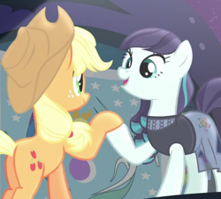 Size: 678x610 | Tagged: safe, screencap, applejack, coloratura, earth pony, pony, the mane attraction, cute, equestrian flag, hoof hold, rara, rarabetes, stage