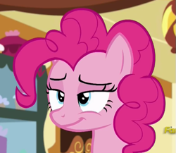 Size: 519x450 | Tagged: safe, screencap, pinkie pie, pony, 28 pranks later, lidded eyes, smug, solo