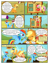 Size: 612x792 | Tagged: safe, artist:newbiespud, derpibooru import, edit, edited screencap, screencap, applejack, fluttershy, rainbow dash, earth pony, pegasus, pony, comic:friendship is dragons, fall weather friends, arm wrestling, chalk drawing, comic, dialogue, eyes closed, female, flower in mouth, flying, grin, hat, lasso, mare, mouth hold, rearing, rope, rose, rose in mouth, scoreboard, screencap comic, smiling, sweat, traditional art