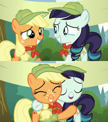 Size: 1280x1440 | Tagged: safe, screencap, applejack, coloratura, earth pony, pony, the mane attraction, camp friendship, crying, cute, eyes closed, female, filly applejack, hug, jackabetes, looking at you, open mouth, rara, rarabetes, smiling, stage, tears of joy