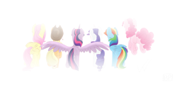 Size: 5000x2400 | Tagged: safe, artist:glitterstar2000, derpibooru import, applejack, fluttershy, pinkie pie, rainbow dash, rarity, twilight sparkle, twilight sparkle (alicorn), alicorn, earth pony, pegasus, pony, unicorn, cowboy hat, fading, female, hat, mane six, mare, rear view, stetson