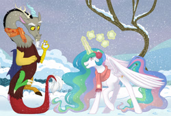 Size: 1600x1085 | Tagged: safe, artist:whisperseas, discord, princess celestia, alicorn, pony, clothes, dislestia, earmuffs, female, levitation, magic, male, scarf, shipping, snow, snowball fight, snowfall, straight, telekinesis, winter