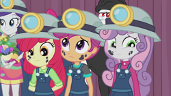 Size: 1280x720 | Tagged: safe, screencap, apple bloom, bulk biceps, rarity, scootaloo, sweetie belle, better together, equestria girls, happily ever after party, adorabloom, bouquet, clothes, coal, costume, cute, cutealoo, cutie mark crusaders, diasweetes, female, helmet, miner, mining helmet, overalls, sad, sisters