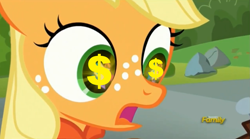 Size: 1671x932 | Tagged: safe, edit, edited screencap, screencap, applejack, earth pony, pony, the mane attraction, discovery family logo, dollar sign, dollar sign eyes, female, filly, filly applejack, foal, solo, wingding eyes, younger