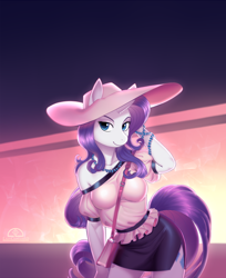 Size: 888x1086 | Tagged: safe, artist:ladychimaera, rarity, anthro, unicorn, beautiful, blouse, clothes, female, hat, mare, miniskirt, shoulderless, side slit, skirt, smiling, solo, sun hat