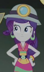 Size: 319x518 | Tagged: safe, screencap, rarity, better together, equestria girls, happily ever after party, clothes, costume, cropped, helmet, mining helmet, selfie soot, solo