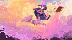 Size: 1920x1080 | Tagged: safe, artist:hierozaki, derpibooru import, twilight sparkle, twilight sparkle (alicorn), alicorn, pony, book, cloud, eyes closed, magic, smiling, solo, telekinesis, tongue out, wallpaper