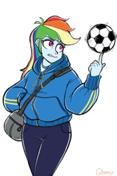Size: 640x960 | Tagged: safe, artist:glomasy, derpibooru import, rainbow dash, equestria girls, ball, clothes, female, football, hoodie, jacket, simple background, solo, sports, white background