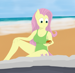Size: 3430x3325 | Tagged: safe, artist:frostspear, fluttershy, anthro, crab, beach, breasts, cleavage, clothes, female, hootershy, one-piece swimsuit, solo, swimsuit