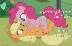 Size: 1125x727 | Tagged: safe, screencap, applejack, pinkie pie, earth pony, pony, the mane attraction, animated, loop, out of context, tigger, winnie the pooh