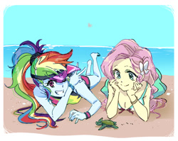 Size: 1466x1167 | Tagged: safe, artist:5mmumm5, derpibooru import, fluttershy, rainbow dash, human, turtle, equestria girls, baby turtle, barefoot, beach, breasts, cleavage, clothes, duo, feet, female, ocean, peace sign, prone, sand, smiling, swimsuit, the pose, visor