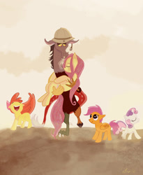 Size: 1319x1605 | Tagged: safe, artist:praysforaprankster, apple bloom, discord, fluttershy, scootaloo, sweetie belle, pegasus, pony, cutie mark crusaders, desert, discoshy, hat, male, pith helmet, shipping, straight