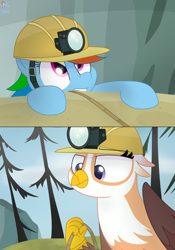 Size: 2000x2853 | Tagged: safe, artist:rainbow eevee, derpibooru import, gimme moore, rainbow dash, griffon, pegasus, pony, the lost treasure of griffonstone, cute, duo, female, folded wings, grin, helmet, helpful, lidded eyes, looking up, mining helmet, rock, rope, smiling, tree, wings