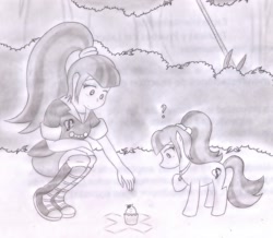 Size: 1847x1609 | Tagged: safe, artist:poseidonathenea, sonata dusk, equestria girls, cupcake, human ponidox, monochrome, pencil drawing, ponidox world, ponified, traditional art, trap (device)