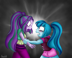 Size: 1600x1280 | Tagged: safe, artist:queentigrel, aria blaze, sonata dusk, equestria girls, blushing, clothes, crying, psychonata dusk, skirt