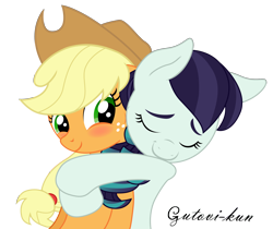 Size: 1988x1667 | Tagged: safe, artist:gutovi, applejack, coloratura, earth pony, pony, the mane attraction, blushing, cowboy hat, eyes closed, female, freckles, hat, hug, lesbian, rara, rarajack, shipping, signature, stetson, that was fast, trace