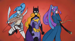 Size: 2409x1329 | Tagged: safe, artist:ilacavgbmjc, adagio dazzle, aria blaze, sonata dusk, equestria girls, attack on titan, batgirl, clothes, cosplay, costume, devil may cry, devil may cry 3, the dazzlings, vergil (devil may cry), yamato (devil may cry)