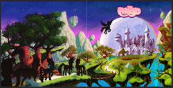 Size: 1318x673 | Tagged: safe, artist:docwario, derpibooru import, applejack, fluttershy, pinkie pie, rainbow dash, rarity, twilight sparkle, unicorn twilight, earth pony, pegasus, pony, unicorn, friendship is magic, album, album cover, bridge, castle, castle of the royal pony sisters, full moon, mane six, moon, rope bridge, tree