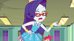 Size: 1280x720 | Tagged: safe, screencap, apple bloom, rarity, sweetie belle, better together, equestria girls, happily ever after party, happily ever after party: rarity, bracelet, geode of shielding, glasses, jewelry, magical geodes, rarity's glasses