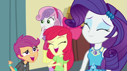 Size: 1280x720 | Tagged: safe, screencap, apple bloom, rarity, scootaloo, sweetie belle, equestria girls, equestria girls series, happily ever after party, happily ever after party: rarity, adorabloom, apple bloom's bow, bow, cute, cutealoo, cutie mark crusaders, diasweetes, female, geode of shielding, hair bow, laughing, raribetes, sisters